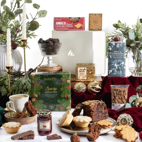 Festive Afternoon Tea Christmas Gift Set – Indulge in luxurious biscuits, mince pies, jam, chocolate, tea, and coffee. Ideal for a delightful Christmas gift, from Clearwater Hampers.