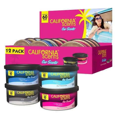 12-pack of California Scents car air fresheners with assorted scents, offering a powerful long-lasting fragrance that eliminates odour.