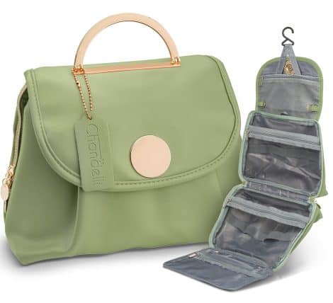 Sage Green CHANDELLI Travel Toiletry Bag: Ideal gift for stylish women, fitting travel essentials and cosmetics.