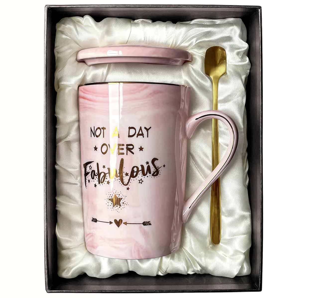 Birthday Gifts for Women Not A Day Over Fabulous Mug Funny Christmas Gifts Birthday Gifts for Her, BFF, Best Friends, Wife, Mom, Daughter, Sister, Aunt, 14 OZ Ceramic Marble Mug (Pink-Not a Day)