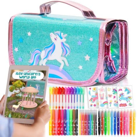 Amitié Lane Unicorn Toys for Girls Scented Markers Set – Unicorn Pencil Case – Unicorn Gifts 6-8 years, Art and Craft Coloring – With Augmented Reality App. 
Simplified version: Unicorn-themed scented markers set with a pencil case and augmented reality app, perfect for girls aged 6-8.