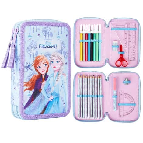 Disney Stitch pencil case filled with stationery, perfect for Frozen fans. Includes coloring pencils and markers. Great gift for girls. (Frozen Double Zip)