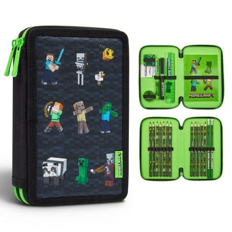 Minecraft Pencil Case for Boys, with 2 compartments and school supplies, perfect for school.