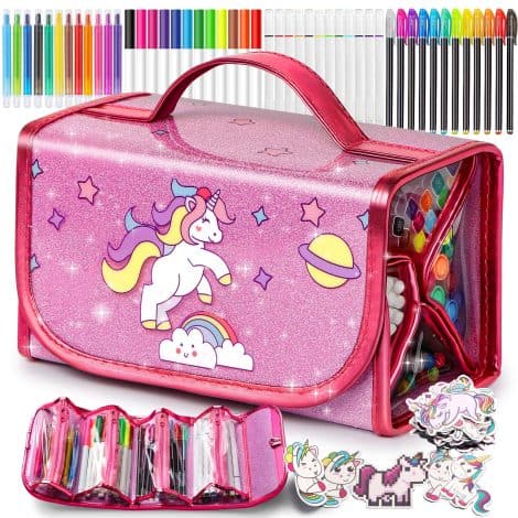 Unicorn-themed Arts and Crafts kit for 3-12 year old girls, including scented washable markers, perfect for travel.