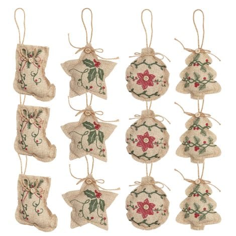 Belle Vous Set of 12 Natural Burlap Tree Ornaments – 4 Shapes for Eco Christmas Decor – Ideal for Xmas Parties