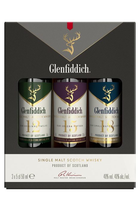 Glenfiddich Single Malt Scotch Whisky Taster Gift Pack, featuring 3 bottles of 5 cl whisky.