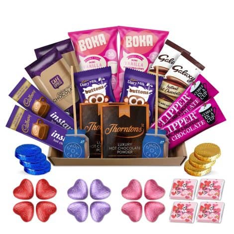 A delightful hamper with 12 sachets of hot chocolate, stirrers, and marshmallows. Perfect for birthdays or special occasions.