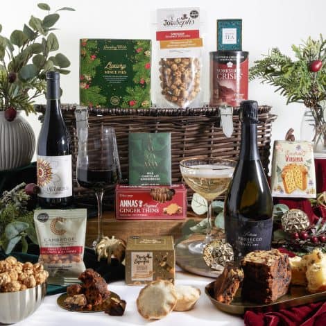 Celebrate the holidays with our Festive Delights Christmas Hamper – Gourmet treats, Prosecco, and Red Wine.