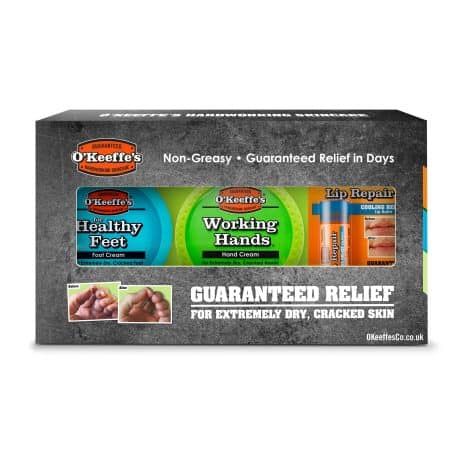 O’Keeffe’s Skin Care Gift Pack – includes Working Hands, Healthy Feet, and Lip Repair. (15 words)