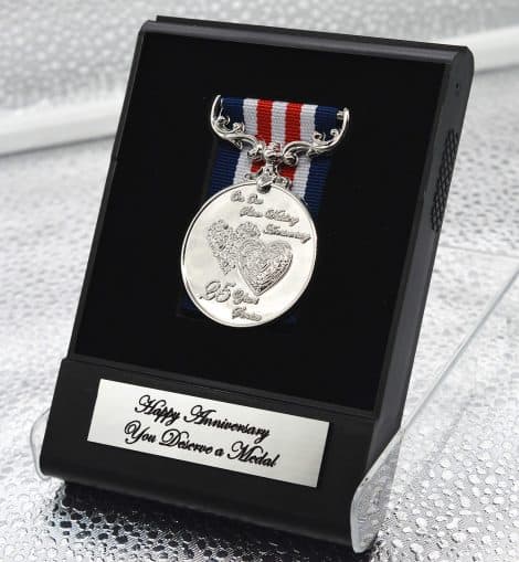 25th Silver Wedding Anniversary Medal in a display case, honoring bravery and service. Perfect gift for spouse or partner.