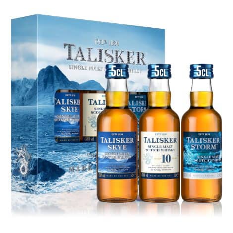 Talisker Sea-Inspired Gift Pack: 3 distinct Scottish whiskies with peated, smoky flavors, 45.8% ABV, 3 x 5cl bottles.