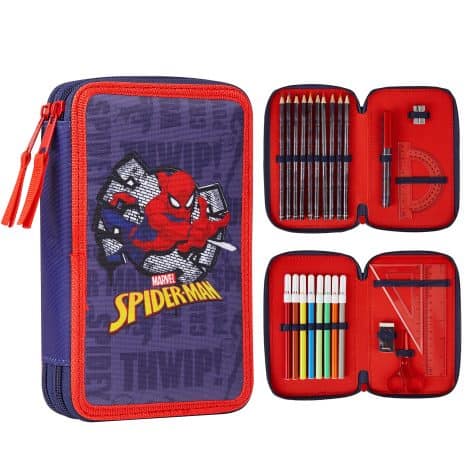 Spiderman Double Zip Marvel Pencil Case with included stationery – a perfect gift for boys.