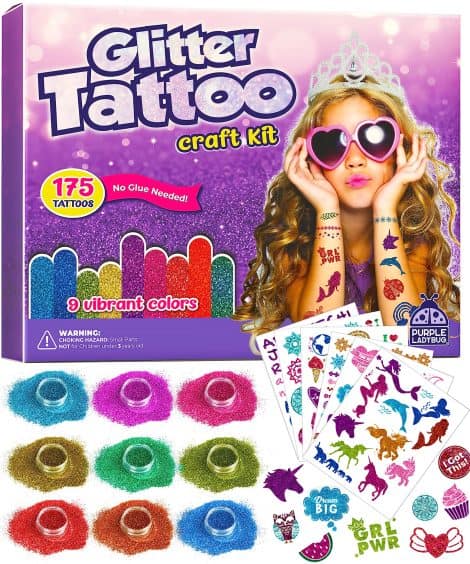 Kids’ Glitter Tattoos with 175 Designs: Purple Ladybug offers fun peel-and-stick tattoos, perfect for girls aged 6-10. Ideal birthday gift!