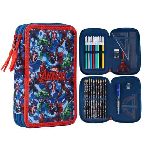 Avengers-themed large pencil case filled with multiple compartments, stationery, colouring pencils, pens – perfect gift for boys.